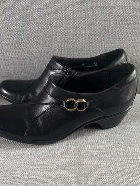 Clarks Black Leather Low Heel Slip-On Shoes with Brass Double-Ring